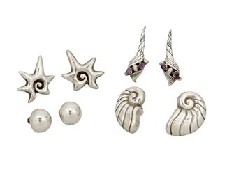 1079
A Group Of William Spratling Sterling Silver Earrings
William Spratling (1900-1967)
Circa 1940-1946, 1942, and 1951-1956, First and Third Design Period; Taxco, Mexico
Each stamped for William Spratling; Further variously stamped: Made in Mexico / Spratling / Silver / 925 / [Eagle 30]
Comprising four pairs of sterling earrings including a pair of conch shell earrings (1.5" H), a pair of silver half-sphere earrings, (0.635" Dia.) a pair of nautilus shell design earrings (1.25" H), and a pair of spiral sea shell earrings with set amethyst and silver cone accents( 1.75" H), 8 pieces

56.4 grams gross
Estimate: $600 - $800