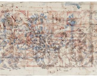 1092
Frank Romero
b. 1941
"New Follies," 2004
Acrylic and mixed media on paper
Signed in pencil at the lower left: F Romero; signed again, partially, along the upper edge, at right; titled and dated by repute
26" H x 42" W
Estimate: $500 - $700
