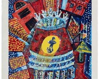 1091
Frank Romero
b. 1941
"California Plaza," 2001
Screenprint in colors on paper
Edition: 58/140
Partially signed and numbered lower left: F Rome; titled and dated by repute; Self Help Graphics and Art, Los Angeles, CA, prntr./pub., with their blindstamp in the lower right corner
Image/Sheet: 37.75" H x 25.875" W
Estimate: $700 - $900