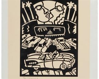 1093
Frank Romero
b. 1941
"Palm Drive-In," 2002
Woodcut on cream paper
Edition: 25/30
Signed and numbered in pencil in the lower margin: F Romero; titled and dated by repute; an unidentified blindstamp in the lower right margin corner
Image: 22.25" H x 16" W; Sheet: 29.5" H x 22.5" W
Estimate: $500 - $700