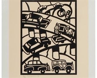 1094
Francisco "Frank" Romero
b. 1941
"Freeway - Four Level," 2003
Woodcut on cream paper
Edition: 23/30
Signed and numbered in pencil in the lower margin: F Romero; titled and dated on a label affixed to the verso of the shrink wrap; an unidentified blindstamp in the lower right margin corner
Image: 21" H x 16" W; Sheet: 28.5" H x 22.5" W
Estimate: $500 - $700