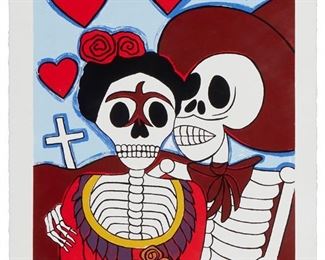 1105
Emilia Garcia
20th century
"El Gran Amor," 2006
Screenprint in colors on paper
Edition: 35/90
Signed, titled, and dated in pencil in the lower margin: Emilia Garcia; with an unidentified blindstamp in the lower left corner
Image: 23.25" H x 17.25" W; Sheet: 27" H x 20.25" W
Estimate: $300 - $500