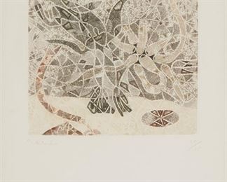 1124
Francisco Toledo
1940-2019
"La Cuadrada," 1976
Etching and soft-ground in colors on paper under glass
Edition: 10/15
Signed and numbered in pencil in the lower margin; titled and dated on a gallery label affixed to the frame's backboard
Plate: 6" H x 7" W; Sight: 12.5" H x 9.25" W
Estimate: $800 - $1,200