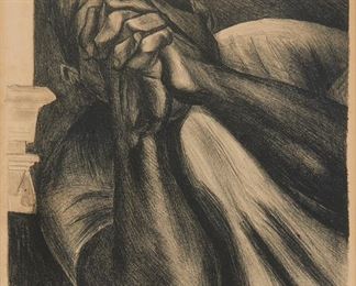 1125
Jose Clement Orozco
1883-1949
"Mural Detail," 1929
Lithograph on paper
Edition: 22/100
Signed and titled in pencil lower right margin: Jose Clement Orozco; signed again in pencil lower left margin
Image: 13" H x 10" W; Sheet: 16" H x 11.5" W
Estimate: $1,000 - $1,500