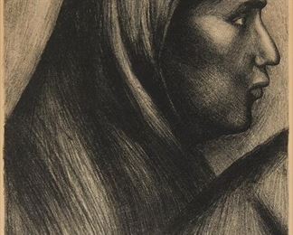 1126
Jose Clement Orozco
1883-1949
Cabeza De Mujer (Woman's Head)
Lithograph on paper
Edition: 23/50
Signed in pencil lower right: J.C. Orozco; signed and title in pencil lower center margin
Image: 14" H x 10" W
Estimate: $800 - $1,200