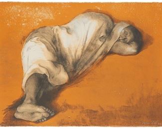 1140
Francisco Zuniga
1912-1998
"Soledad Acostada," 1973
Lithograph in colors on paper
Edition: 53/100
Signed and dated: Zuniga
Image/sheet: 22.5" H x 30" W
Estimate: $1,000 - $1,500
