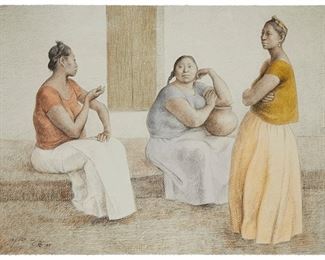 1141
Francisco Zuniga
1912-1998
"Juchiteca's Platicando," 1985
Lithograph in color on paper
Edition: 18/150
Signed, dated, and numbered in pencil lower left: Zuniga
Image/Sheet: 22.5" H x 30" W
Estimate: $1,000 - $1,500