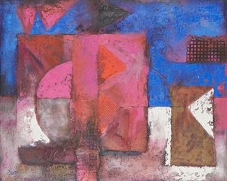 1156
Reyna Castano
b. 1963
Geometric Desires IV, 1992
Mix media and oil on canvas
Signed and dated lower left: Reyna Castano
35.5" H x 43.25" W
Estimate: $1,000 - $2,000