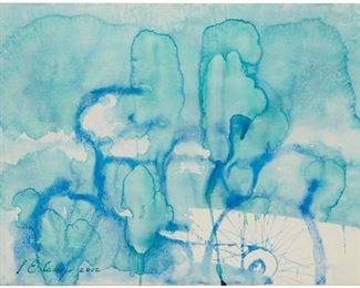 1168
Luis Enrique Camejo
b. 1971
Bicycle With Aquamarine Landscape, 2002
Watercolor on paper under glass
Signed and dated lower left: L. E. Camejo
22" H x 30" W
Estimate: $700 - $900