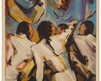 1197
David Sisquerios
1896-1974
"Los Indios, De La Carpeta"
Lithograph in colors on paper
Edition: Artist's Proof
Signed lower right margin: DA Sisquerios; Artist proof in pencil lower left
Image: 21.25" H x 15.75" W; Sight: 23.25" H x 17" W
Estimate: $700 - $900