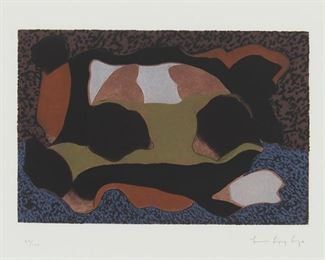 1198
Luis Lopez Loza
b. 1939
"The Mountain Of Hope," 1985
Mixed media etching and mezzotint in colors on paper
Edition: 27/100
Signed lower right: Luis Lopez Loza; numbered lower left; titled and dated affixed on attached paper verso
Plate: 7.75" H x 11.5" W; Sight: 10.5" H x 14" W
Estimate: $400 - $600