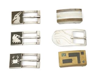 1214
A Group Of Los Castillo Belt Buckles
Circa 1950-1965; Taxco, Mexico
Each stamped: Los Castillo / Taxco; Variously stamped: Metales / I55 / Sterling / Mexico / 96 / Hecho en Mexico / Onix Negro / [Eagle 15] / 28
Comprised of six metal and inlaid stone buckles, including three "Onix Negro" buckles with animal motifs, an inlaid brass buckle with geometric motifs, and two mixed metal buckles, 6 pieces
Largest: 1.5" H x 3" W
161.5 grams gross
Estimate: $200 - $300