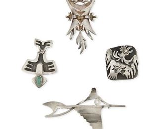 1227
A Group Of Salvador Teran Sterling Brooch/Pendants
Salvador Teran (c. 1920-d. 1974)
Circa 1955-1970; Mexico City, Mexico
Each stamped: Salvador / Sterling / Mexico / [Eagle 36] [except small fish] / [Design number]
Comprising two pendant/brooches, including a parrot, No. 175 (3.5" H), and a shadowbox bird, No. 171 (1.75" H), as well as two further brooches, one of a swordfish No. 106 (2.25" H x 4" W) and a small shadowbox fish with set turquoise, No. 166 (2.375" H), 4 pieces

81.7 grams gross
Estimate: $500 - $700