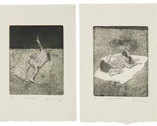 1231
20th Century Mexican School
Two works:
"u Gozando," and "u Lesbianas," 2007
Etching and aquatint on paper
Each: Edition: P/A; Signed, titled, dated, and numbered in pencil in the lower margin
Each plate: 6.5" H x 5" W; Each sheet: 11" H x 7.5" W
Estimate: $300 - $500