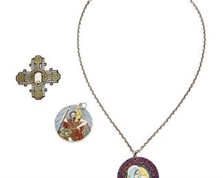 1246
A Group Of Margot De Taxco Silver And Enamel Devotional Jewelry
Margot Van Voorhies (1896-1985)
Circa 1955-1978; Taxco, Mexico
Each stamped: Margot de Taxco / Sterling / Made in Mexico / [Eagle 16] / [Design number]; Chain stamped: 042KGF
Comprised of two circular pendants, one of St Christopher, No. 5537, and one on a chain, of the Madonna and Child, No. 5532, as well as a green and black cross form pendant/brooch No. 5431, 4 pieces

Each pendant: 1.875" Dia.; Brooch: 2.125" Dia.; Chain: 23.5" L
98.5 grams gross
Estimate: $500 - $700
