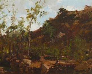 2012
Carl Oscar Borg
1879-1947
Wooded Landscape With Lake
Oil on canvas
Signed lower left: Carl Oscar Borg; estate number verso: 1*-198
9" H x 12" W
Estimate: $2,000 - $3,000