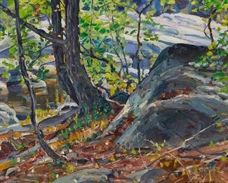 2011
George Gardner Symons
1863-1930
"Trees, Boulder And Pond"
Oil on canvas board
Signed lower right: Gardner Symons; titled on a gallery label affixed verso
15" H x 17.75" W
Estimate: $2,000 - $3,000