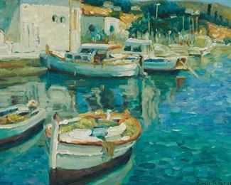 2017
Emile Albert Gruppe
1896-1978
"Boats In A Harbor"
Oil on canvas board
Signed lower right: Emile A. Gruppe; titled on a label affixed verso
12" H x 16" W
Estimate: $3,000 - $5,000