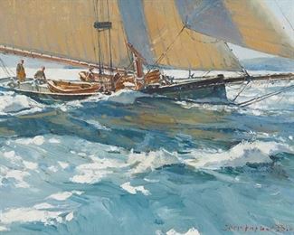 2020
Christopher Blossom
b. 1956
"Returning Gloucester Sloop," Circa 1890
Oil on linen board
Signed lower right: Christopher Blossom; titled on a label affixed verso
8" H x 12" W
Estimate: $3,000 - $5,000