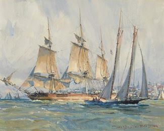 2021
Christopher Blossom
b. 1956
"Winter Departure, New York Harbor"
Oil on linen
Signed lower right: Christopher Blossom; titled on a label affixed verso
9" H x 12" W
Estimate: $3,000 - $5,000