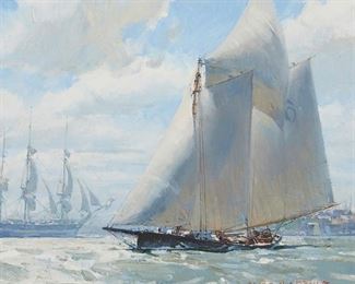 2022
Christopher Blossom
b. 1956
"New York Pilot Boat George Steers In The East River, NY"
Oil on linen board
Signed lower right: Christopher Blossom; titled on a label affixed verso
10" H x 12" W
Estimate: $3,000 - $5,000