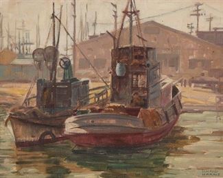 2025
Sam Hyde Harris
1889-1977
"Newport Boats"
Oil on canvas laid to board
Estate signed lower right: Sam Hyde Harris; signed and titled verso; with the estate stamp signed by Maureen St. Gaudens verso
15.75" H x 20" W <br /> 15 3/4 x 19 3/4in <br /> Framed: 23 x 27in
Estimate: $4,000 - $6,000