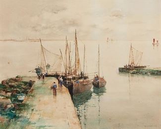 2028
Charles Adam Platt
1861-1933
Sailboats Docked With Figures Along A Rocky Coast, 1887
Watercolor on paper laid to paper
Signed and dated lower right: C.A. Platt
Paper: 17.25" H x 23.5" W
Estimate: $1,000 - $1,500