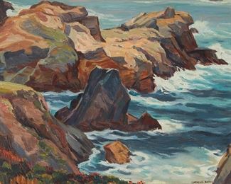 2031
Cornelis Botke
1887-1954
"Carmel Coast"
Oil on canvas board
Signed lower right: Cornelis Botke; signed again and titled on a label affixed verso
14" H x 18" W
Estimate: $3,000 - $5,000