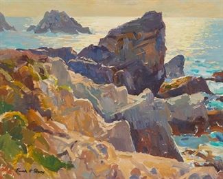 2034
Frank Harmon Myers
1899-1956
"Into The Sun - Pt. Lobos"
Oil on canvas board
Signed lower left: Frank H. Myers; titled on the frame plaque
16" H x 20" W
Estimate: $2,000 - $3,000