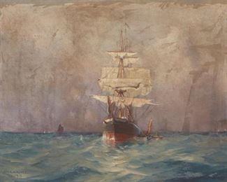 2037
Sydney M. Laurence
1865-1940
Clipper Ship, 1893
Oil on canvas
Signed and dated lower left: S.M. Laurence
34" H x 44" W
Estimate: $8,000 - $10,000