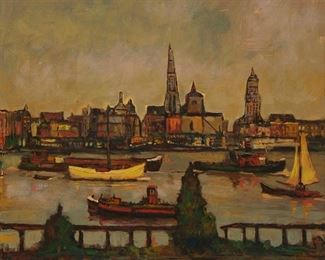 2041
Jane Peterson
1876-1965
Harbor Scene
Oil on Masonite
Signed lower right: Jane Peterson
18" H x 23" W
Estimate: $15,000 - $20,000