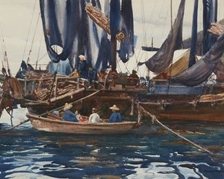 2045
Donald Teague
1897-1991
Figures On Fishing Boats, Hong Kong
Watercolor on paper
Signed lower right: Donald Teague
Sight:16.5" H x 23.5" W; Sheet: 17.25" H x 23.75" W
Estimate: $3,000 - $5,000
