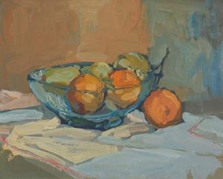 2046
S.C. Yuan
1911-1974
"Three Oranges And Pears," Circa 1960
Oil on panel
With the artist's signature and chopmark used for the exhibition's specially designed sticker affixed to the frames backing paper; titled on a label affixed to the frames backing paper
16" H x 20" W
Estimate: $3,000 - $5,000