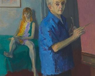 2049
Moses Soyer
1899-1974
"The Artist And His Model," 1969
Oil on canvas
Signed upper right: M Soyer; titled on an exhibition label affixed verso
50" H x 40" W
Estimate: $8,000 - $12,000