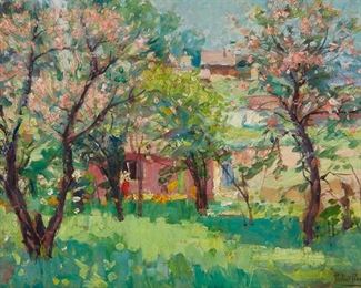 2051
Pauline Palmer
1867-1938
Orchard In Springtime
Oil on panel
Signed lower right: Pauline Palmer
14" H x 20" W
Estimate: $4,000 - $6,000