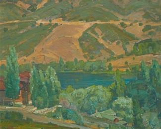 2053
William Wendt
1865-1946
"So Lone A Lake (Malibou Lake, CA)," 1940
Oil on canvas
Signed and dated lower left: William Wendt; titled on a gallery label affixed verso
25" H x 30.25" W
Estimate: $20,000 - $30,000