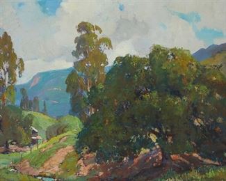 2054
Orrin A. White
1883-1969
Creek Under A Large Oak Tree
Oil on canvas laid to waxed canvas
Signed lower right: Orrin A. White
22.25" H x 28" W
Estimate: $3,000 - $5,000