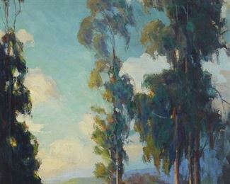 2056
Alfred James Dewey
1874-1958
Eucalyptus Grove In Sierra Madre
Oil on Masonite
Signed lower right: Alfred James Dewey
38" H x 32" W
Estimate: $1,000 - $1,500