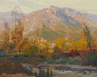 2057
Hanson Duvall Puthuff
1875-1972
"June Upon The Hills"
Oil on canvas laid to waxed canvas
Signed lower left: H. Puthuff; titled on label affixed verso
25.25" H x 30.25" W
Estimate: $10,000 - $15,000