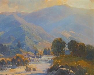 2058
Hanson Duvall Puthuff
1875-1972
"Sunlit Arroyo"
Oil on canvas
Signed lower right: H. Puthuff; signed again and titled verso
30" H x 40" W
Estimate: $30,000 - $50,000