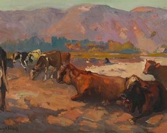2062
Franz A. Bischoff
1864-1929
"Cattle On The Arroyo Seco," Circa 1927
Oil on canvas
Signed lower left: Franz A. Bischoff; titled on a gallery label affixed to the backing board
15" H x 20" W
Estimate: $6,000 - $8,000