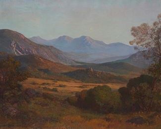 2067
Leonard Lester
1870-1952 <br />
"Landscape At Dusk," 1933
Oil on canvas
Signed and dated lower left: Leonard Lester; signed again on an exhibition label affixed verso; titled by repute
27.25" H x 36" W
Estimate: $4,000 - $6,000