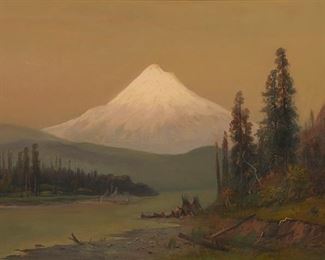 2070
Frederick Schafer
1839-1927
"Mt. Hood From Hood River Oregon, Evening"
Oil on canvas
Signed lower right: F. Schafer; titled by repute
30" H x 50" W
Estimate: $3,000 - $5,000