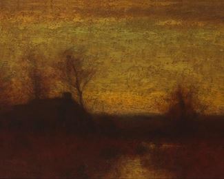 2071
Bruce Crane
1857-1937
"Golden Moments"
Oil on canvas
Signed lower left: Bruce Crane; signed again and titled, both possibly in another hand, on a paper label affixed to the stretcher
12" H x 16" W
Estimate: $1,500 - $2,000