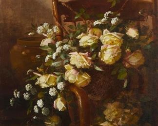 2077
Edith White
1855-1946
Still Life With Roses And Ground Elder, 1899
Oil on canvas laid to canvas
Signed and dated lower left: Edith White
37" H x 28" W
Estimate: $4,000 - $6,000