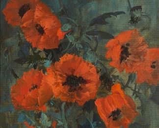 2079
Franz A. Bischoff
1864-1929
"Poppy Still Life"
Oil on canvas laid to board
Unsigned; titled on the frame plaque
24.5" H x 18.75" W
Estimate: $7,000 - $9,000