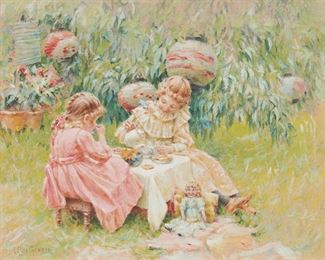 2080
Luther Emerson Van Gorder
1861-1931
"Tea In The Garden"
Gouache and watercolor on paper laid to board
Signed lower left: L. E. Van Gorder; titled on a label affixed to the verso of the support board
8.625" H x 10.75" W
Estimate: $1,200 - $1,800
