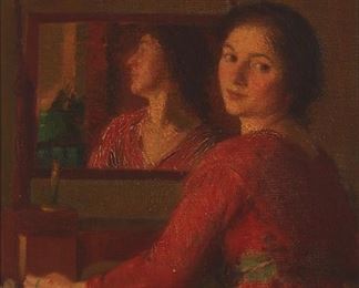 2082
Ivan Gregorewitch Olinsky
1878-1962
"Geneviere"
Oil on canvas
Signed faintly upper right: Ivan G. Olinsky; titled from the exhibition label affixed to the verso of the frame
16" H x 12.5" W
Estimate: $2,000 - $3,000