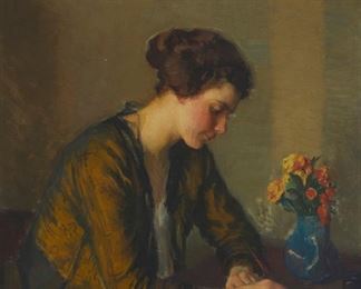 2083
Ivan Gregorewitch Olinsky
1878-1962
"Virginia"
Oil on canvas
Signed upper right: Ivan G. Olinsky; titled on exhibition labels affixed verso
36" H x 30" W
Estimate: $4,000 - $6,000