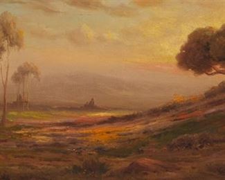 2086
Angel Espoy
1879-1963
Tonalist Landscape With Poppies And Lupine
Oil on canvas
Signed verso: A. Espoy
12" H x 24" W
Estimate: $2,000 - $3,000